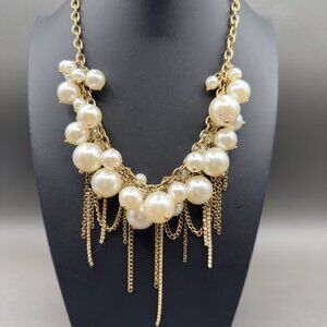 Faux Pearl Gold Chain Statement Necklace Beads Rhinestone Accents NOTE